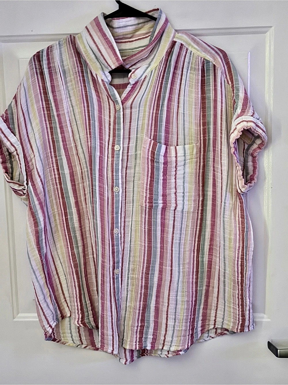 Style & Co Cotton Gauze Short-Sleeve Button Up Shirt Pink & White XL